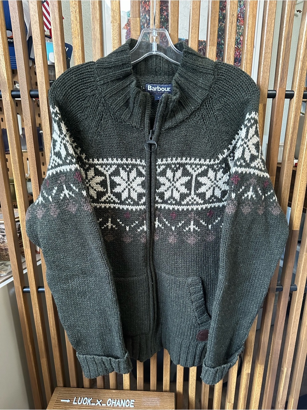Barbour Fair Isle Full Zip Wool Blend Sweater Jacket Olive Green Large